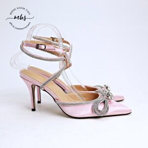 NWOB Satin Crystal Double Bow Pointed Toe Rhinestone Strap Heels Pink Women 7.5